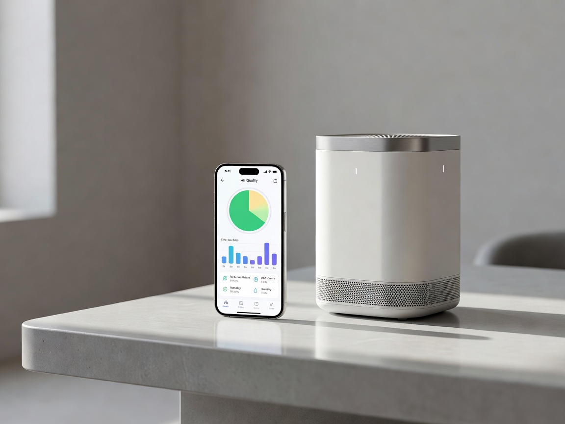 A smartphone displaying indoor air quality statistics next to a modern purifier