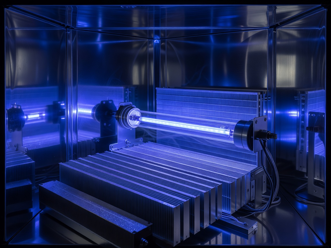 Blue UV-C light glowing inside an air purifier chamber